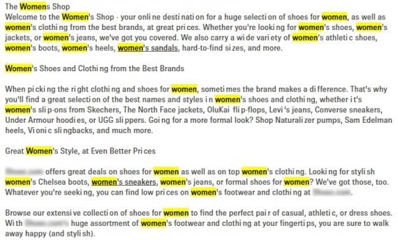 Example of text with the word “women” used 25 times.