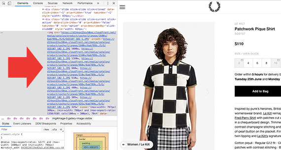 Notice that the Fred Perry site is offering the browser several product image options. These options are passed via the <em>srcset</em> attribute.
