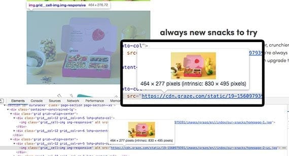 Product images on ecommerce sites are often larger than what's required, unnecessarily slowing page load times. This image from Graze.com, for example, was about 75 percent too large.
