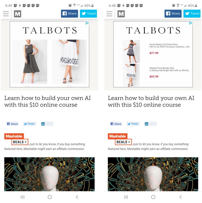Talbots uses multiple ad formats to target shoppers and minimize banner blindness. The ad on the right includes red sale prices, which increases the likelihood of a purchase.