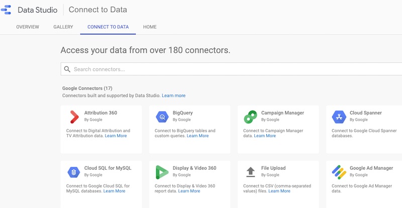Many "connectors" link Google Data Studio to third-party platforms.