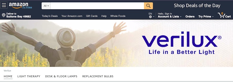 Verilux, a producer of lamps and light products, has an excellent branded storefront on Amazon. Storefronts — "Amazon Stores" — are available to companies on Amazon's Brand Registry.