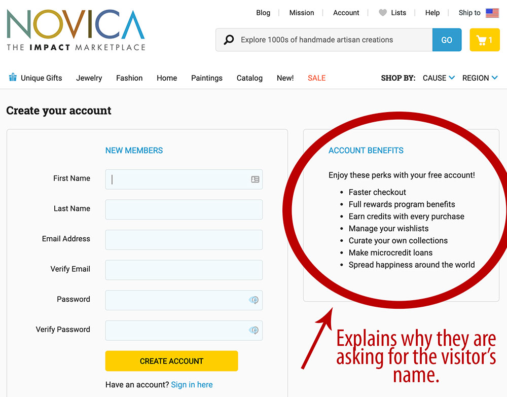 Novica account creation page