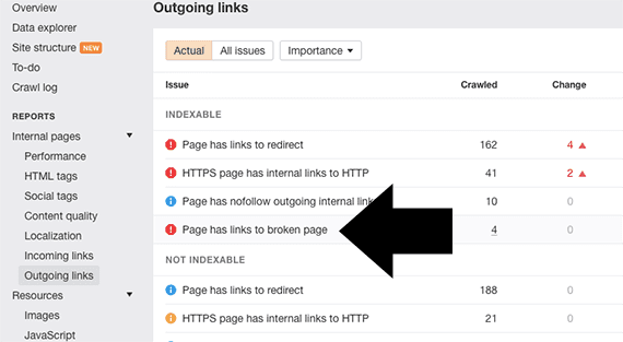 Click "Page has links to broken page" in the outgoing links report.