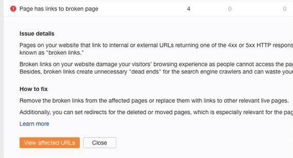 At "Page has links to broken page," click "View affected URLs."