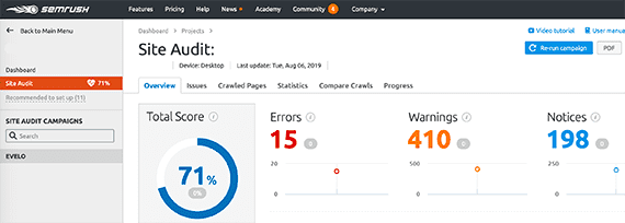 SEMrush shows issues and errors on its site audit report.