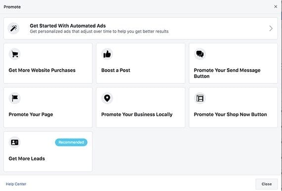 Facebook starts the ad creation process with a question about what you hope to accomplish. For ecommerce businesses, the goal may be to "Get More Website Purchases."