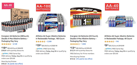 An Amazon search results page, like many ecommerce product search results pages, shows relatively little information. There is a product photograph, a price, a Prime badge, and the product's title.