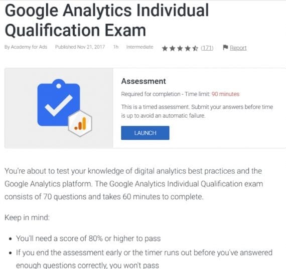 Google Analytics Individual Qualification is a certification to be recognized as an expert. There is no cost to getting certified; the process is entirely online.