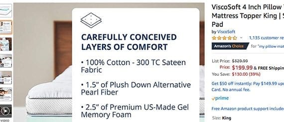 A mattress topper might not be much to look at. Including copy on the image can help.