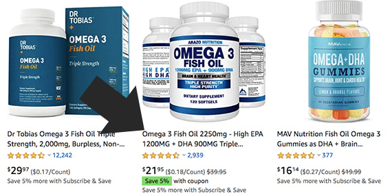 A product will not likely stand out if its title is too similar to the competition, such as these titles for omega-3 fish oil.
