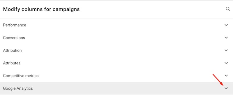 Click on the “Google Analytics” arrow.