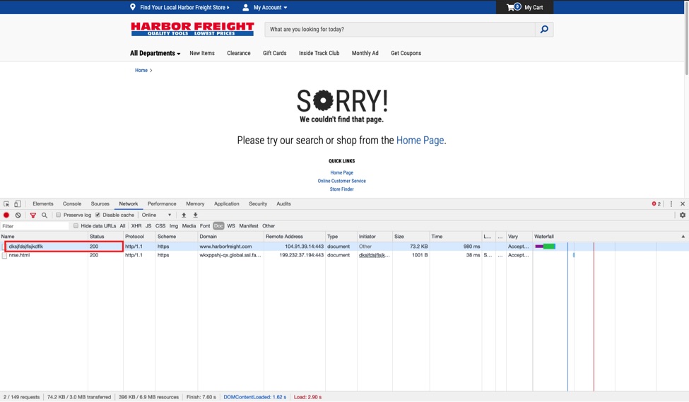 Harbor Freight displays an error page when the URL doesn’t exist but presents an incorrect 200 status code to the search engines.
