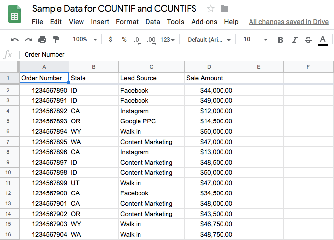 Sample Google Sheet for COUNTIF and COUNTIFS - purshoLOGY The example or sample data as it appeared in a Google Sheet. Notice the four columns of data; our examples will focus on state and lead source.
