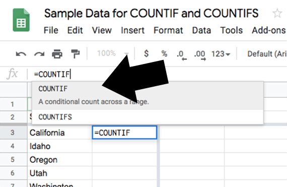 Google Sheets will recognize the COUNTIF formula as you start to type it.