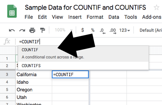 Google Sheets will recognize the COUNTIF formula as you start to type it