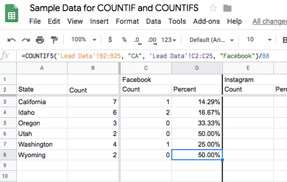 Use the COUNTIFS formula for each state and each lead source. The resulting count can be divided by the total number of converted leads for the state to get a percentage.