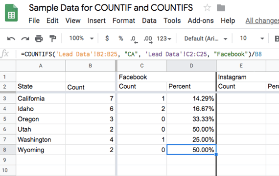 COUNTIFS example in Google Sheets - purshoLOGY Use the COUNTIFS formula for each state and each lead source. The resulting count can be divided by the total number of converted leads for the state to get a percentage.