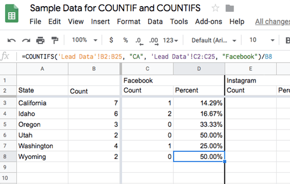 Use the COUNTIFS formula for each state and each lead source The resulting count can be divided by the total number of converted leads for the state to get a percentage