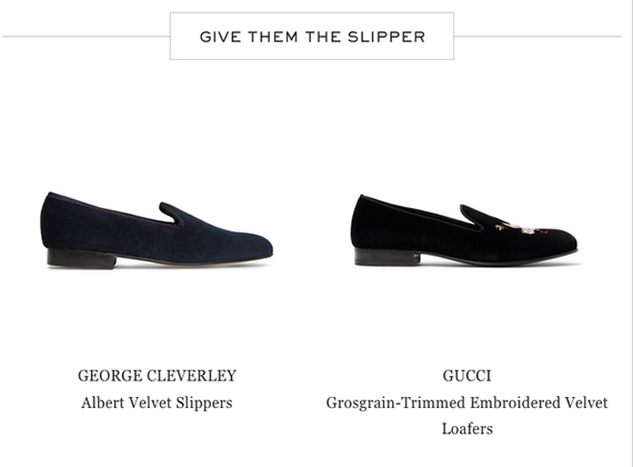 The Mr. Porter site provides compelling content, but it also links that content to its products, such as these velvet slippers.