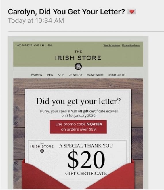 This email from The Irish Store arrived after the author received a physical letter via the U.S. Mail.
