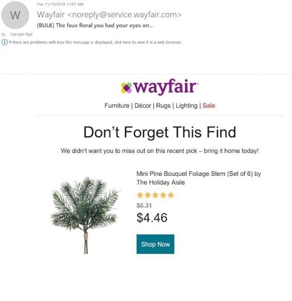 This initial browse-recovery email from Wayfair featured a product that the author had viewed.