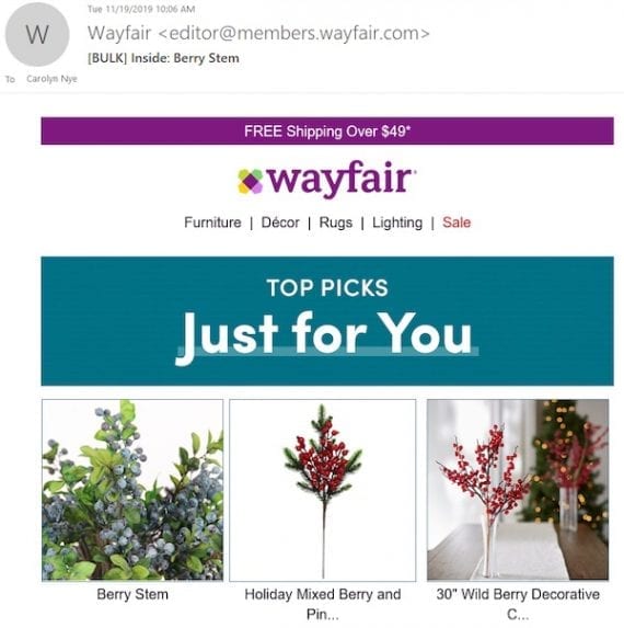 Wayfair’s second browse-recovery email featured recommendations based on the item viewed.