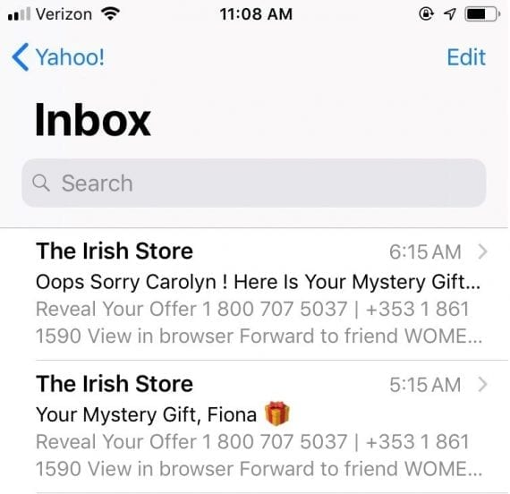 The first email from The Irish Stores misstated the author’s name — “Fiona” instead of “Carolyn.” The second email — “Oops Sorry Carolyn” — was a correction, planned or not.