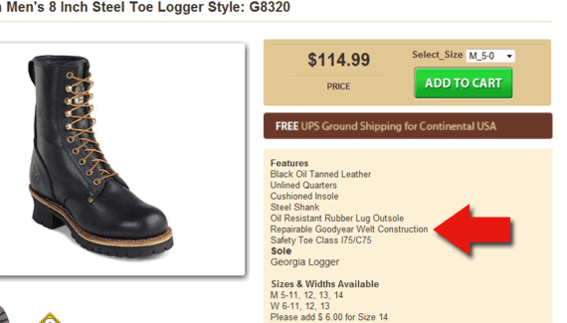 The product description includes "Repairable Goodyear Welt Construction." Many consumers will not understand that term.