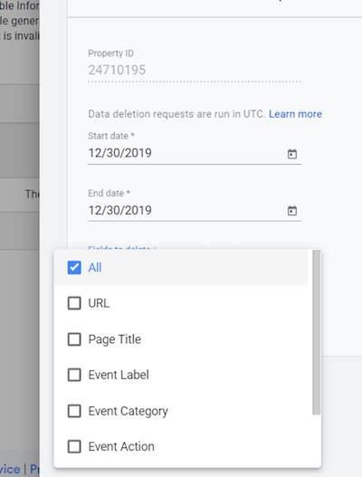 Enter the "Start Date," "End Date," and "Fields to Delete." To delete PII in campaign URL parameters, select "All."