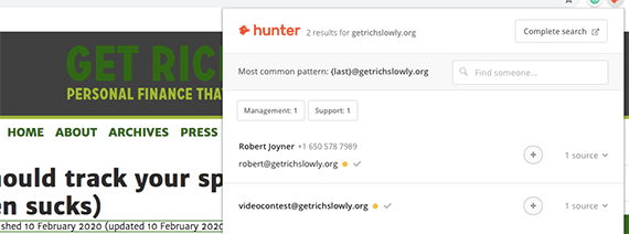 Hunter will display publicly available email addresses associated with a given website.