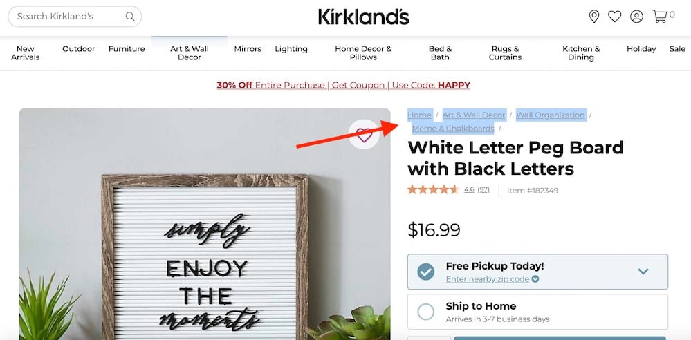 - purshoLOGY Kirkland’s does not use structured data for its breadcrumb, as confirmed by testing the "White Letter Peg Board with Black Letters” product page.