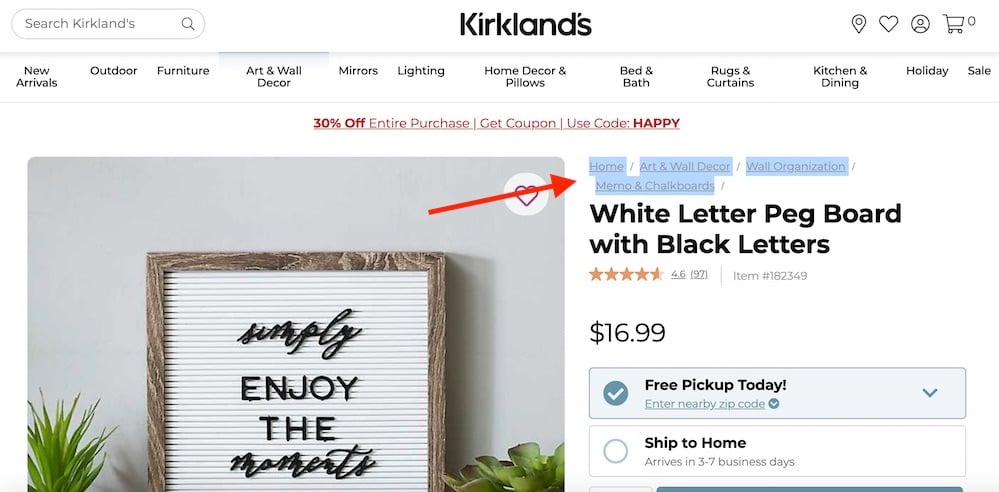 Kirklands does not use structured data for its breadcrumb as confirmed by testing the White Letter Peg Board with Black Letters product page