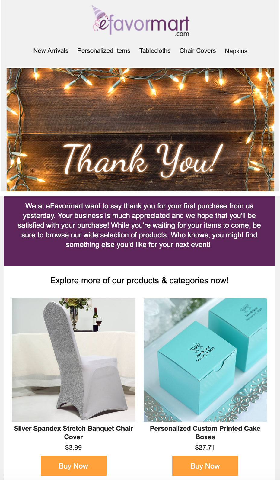 Efavormart's post-purchase email thanks the customer and includes links to relevant content.