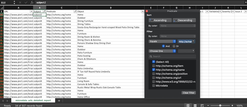 Exported breadcrumbs in Screaming Frog after filtering on the column “predicate” for the value “http://schema.org/name.”