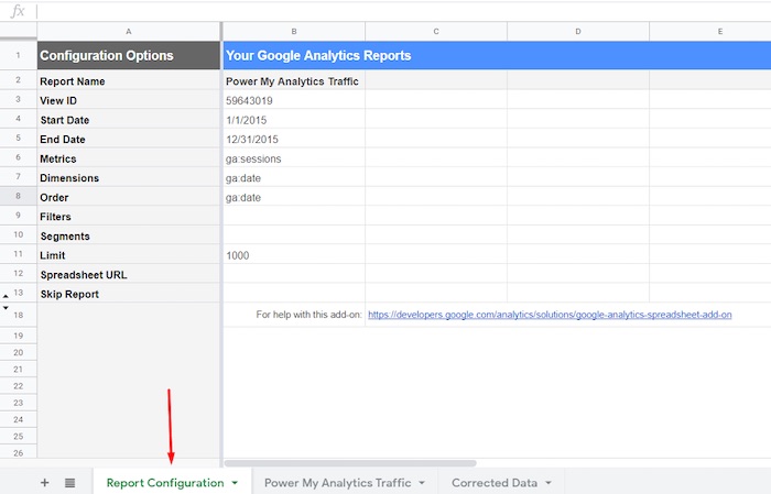The “Report Configuration” sheet receives the export from Google Analytics.