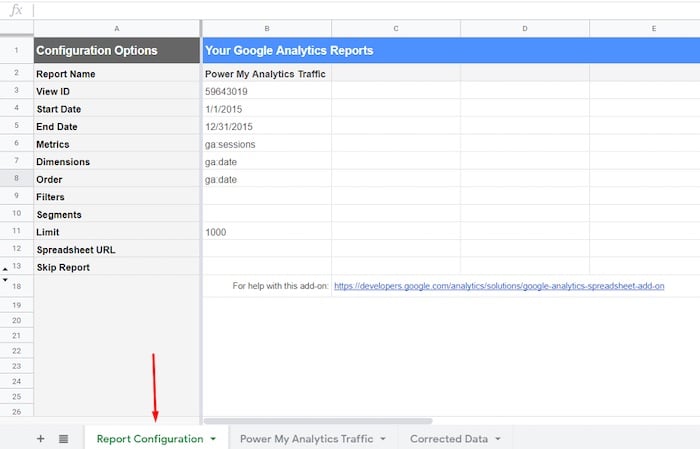 The Report Configuration sheet receives the export from Google Analytics