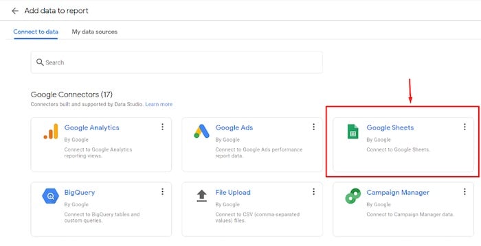 To report in Data Studio use the Google Sheets connector