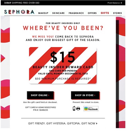 Sephora's win-back email includes a $15 reward card.