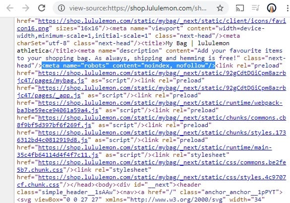 Lululemon’s shopping cart page uses a robots metatag to direct search engine crawlers not to index the page or pass link authority through its links.