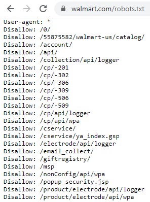 Walmart.com’s robots.txt file “disallows” bots from accessing many areas of its site.