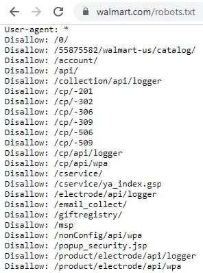 Walmartcoms robotstxt file disallows bots from accessing many areas of its site