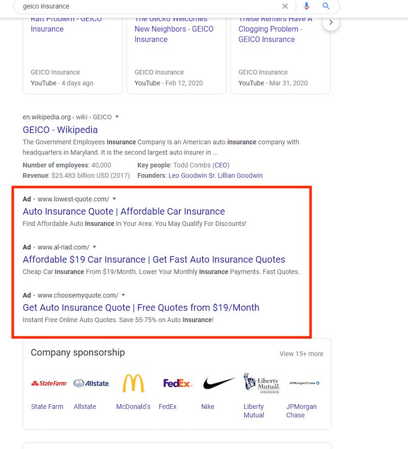 The ads at the bottom of the search results focus on low cost.