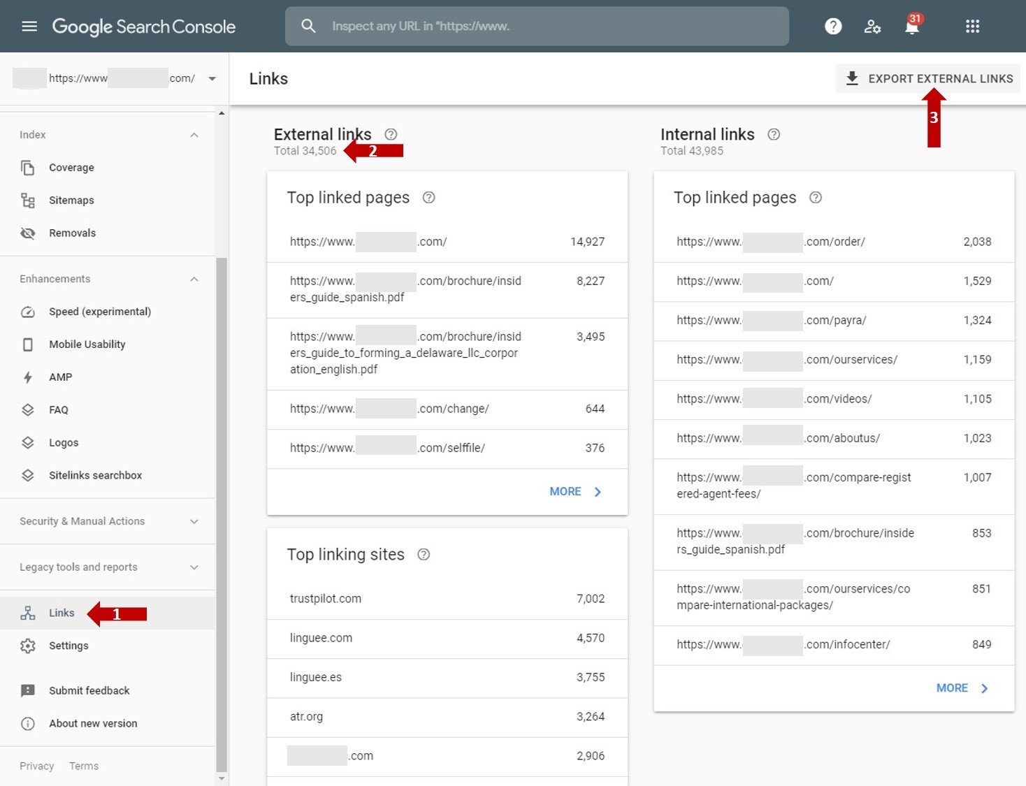 Google Search Console "Links" tab - purshoLOGY The “Links” tab is at the lower left of Google Search Console.