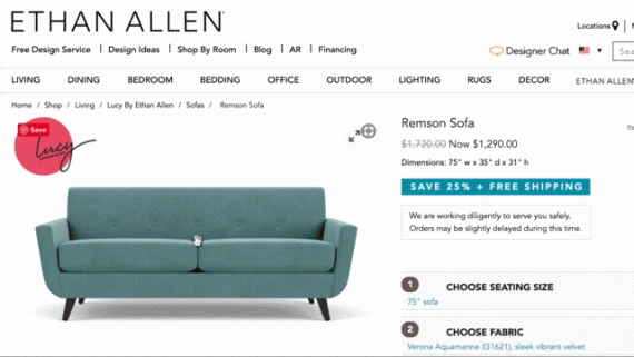 Furniture retailer Ethan Allen uses 360-degree product photos for many of the sofas it sells online.