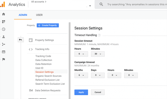“Session Settings” in Google Analytics are at Admin > Property > Tracking Info > Session Settings.