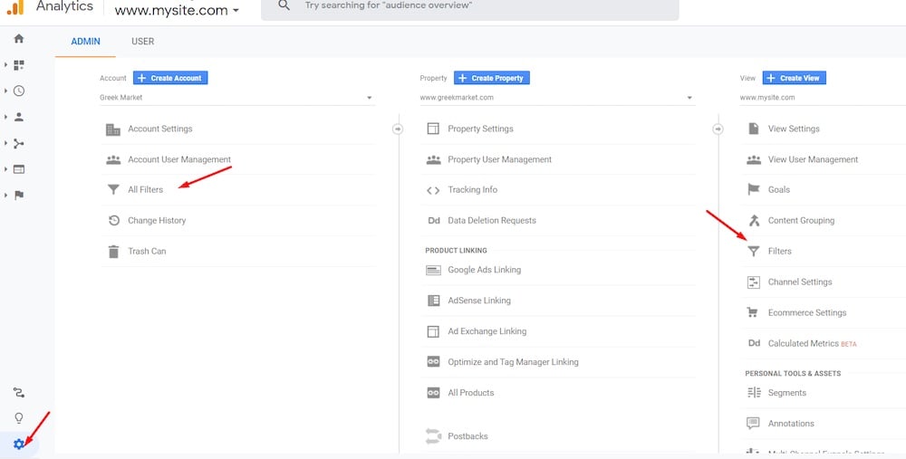 Filters in the Google Analytics admin - purshoLOGY Access filters in the Admin tab at the "Account" or "View" level.