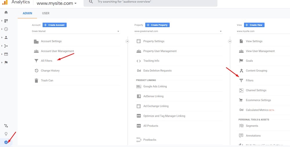 Access filters in the Admin tab at the Account or View level