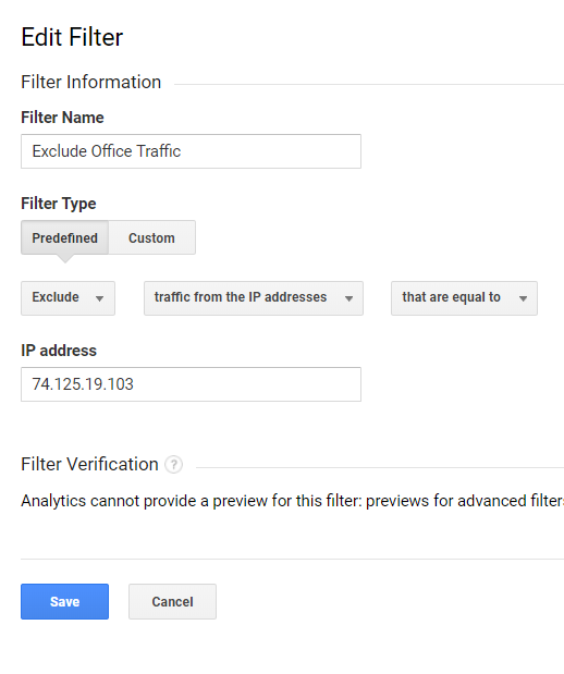 Use descriptive names for IP filter such as Exclude Office Traffic or Exclude My Home IP Address instead of repeating the IP address