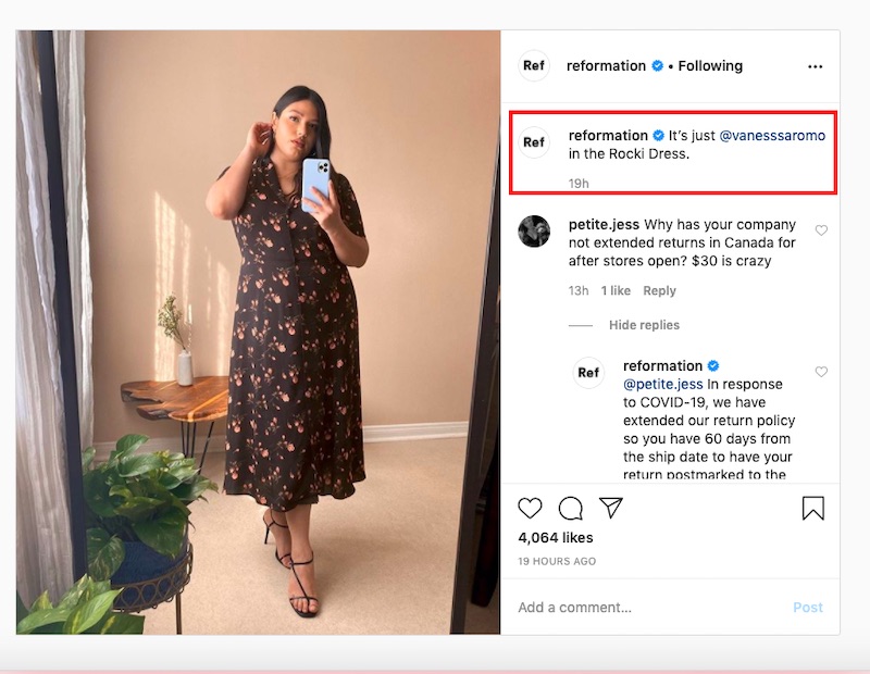 Content from customers using your products is compelling, such as this example from apparel retailer Reformation of a customer wearing a best-selling dress.